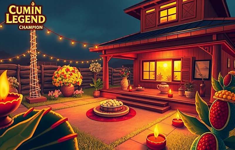 Cumin Legend Champion Festival Event Cumin Legend Champion Diwali event showing a player's farm decorated with lights and special festival crops