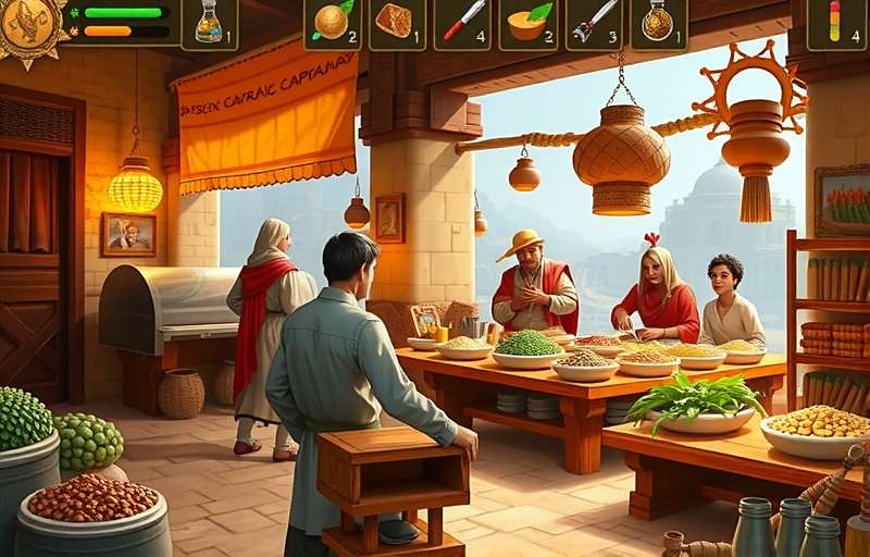 Cumin Legend Champion Spice Market Scene Screenshot of Cumin Legend Champion showing a spice market scene with various characters trading spices