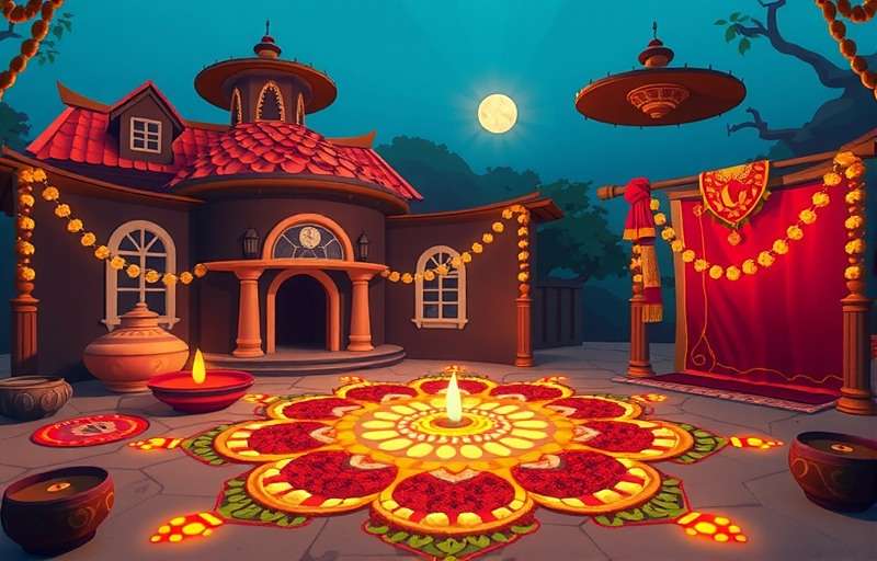 Cumin Legend Champion Diwali Festival Event Cumin Legend Champion Diwali event showing a player's town decorated with lights and rangoli made from spices